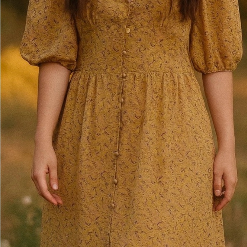 wild fable Mustard Floral Button-Front Midi Dress